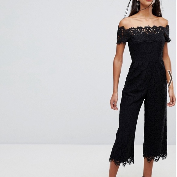 NWT Whistles Bloomingdales Jumpsuit Off Shoulder Lace Black Wide leg Pockets 8 - Picture 1 of 16